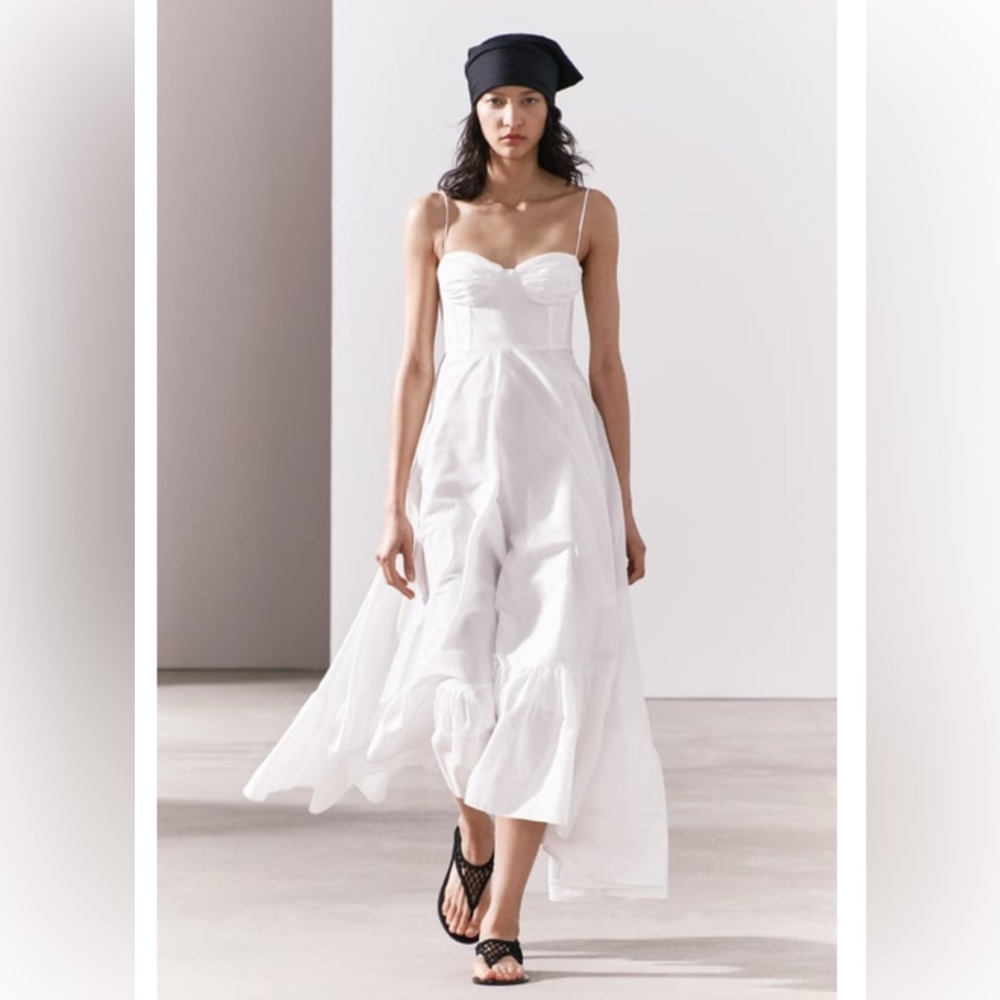 ZARA ZW collection VIRAL WHITE RUFFLED POPLIN DRESS Size S